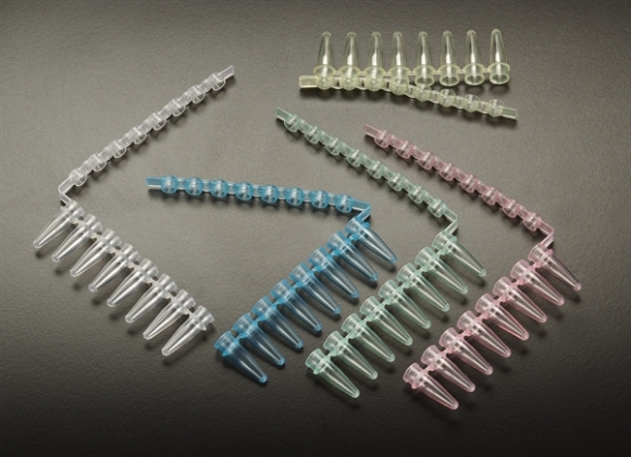 Picture of PCR Strip Tubes - Hinged 0.2mL 8-place Strip Tubès with Domed (Bubbled) CαpStrip, Specify Color, 125/pack (1000)