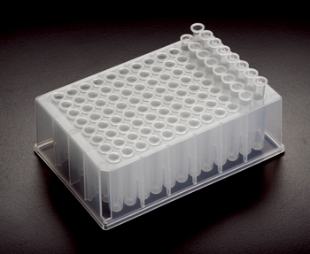 Picture of Non-Sterile, 96-well 0.6ml Deèp Well Platès (aka T110-3), 0.5ml Work volume, H1 cut, Round Well, Round Bottom, Polypropylene, 4/pack, 24/case