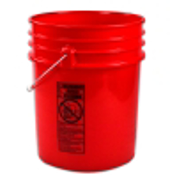 Picture of 5 gallon Red Bucket and Lid with 3 Biohazard Stickers