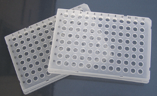 Picture of 100/pack, LOW PROFILE 0.1ml/well, 96-well Full-Skirt Plates for PCR (Notch: A12); Specify Natural or White - Compatible with ABI Thermal Cyclers, and others