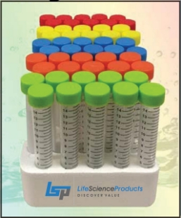 Picture of 15ml-SpectraTube™ Centrifuge-Tubes with Rainbow Caps (G, R, O, Y, B) Ultra-Clear Polypropylene, Flat ScrewCap Sterile in Bulk Pack, 25/rack, 500/case