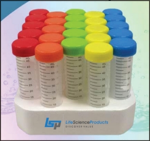 Picture of 50ml-SpectraTube™ Centrifuge-Tubes with Rainbow Caps (G, R, O, Y, B) Ultra-Clear Polypropylene, Flat ScrewCap Sterile in Racks, 25/rack, 500/case