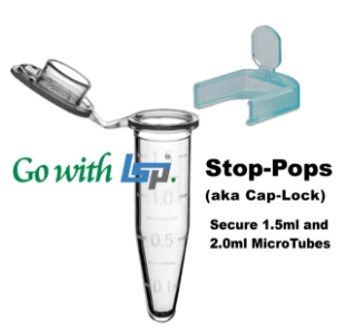 Picture of Stop-Pop™ Locking Clips (Cap-Locks) with breakaway lifting tabs for 1.5mL and 2.0ml microcentrifuge-tubes with LARGER SnapCaps, 100/pack