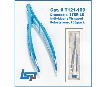 Picture of Sterile Disposable, Forceps / Tweezers, 105mm Length, Translucent Ice Blue Polystyrene, 100/pack-Individually Wrapped