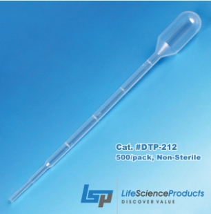 Picture of Non-Sterile, 3.0ml Dispòsable Transfèr Pipèts, Graduated to 1ml (with 0.25ml div.), small bulb with 2.2ml draw, 14.0cm L, 500/pack