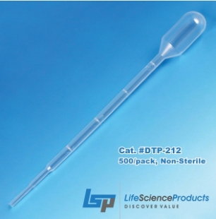 Picture of Non-Sterile, 3.0ml Dispòsable Transfèr Pipèts, Graduated to 1ml (with 0.25ml div.), small bulb with 2.2ml draw, 14.0cm L, 10x500/case