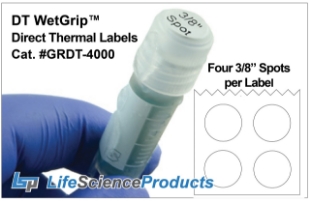 Picture of GRDT-4000, DT Wet·Grip™ Direct·Thermal Labels, 3/8" diameters; On 1" Core, (4x1000) 1000 sets (4000)/Roll