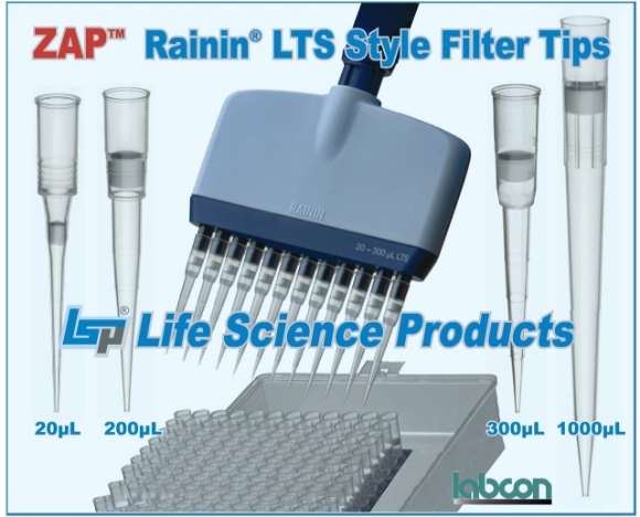 Picture of LABCON ZAP™ Rainin® LTS Style SLIK 'Low Retention' Aerosol Filtered Tips (with Self-Sealing Filter)