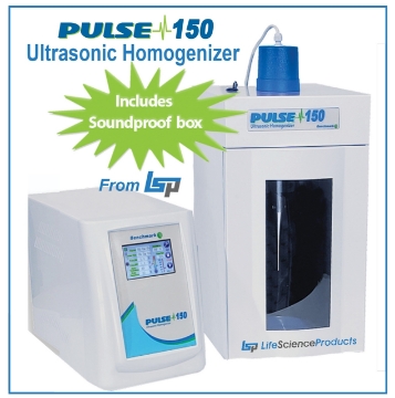 Picture of Benchmark DP0150 - PULSE 150 Ultrasonic Homogenizer, complete with controller, transducer,  6mm horn, and soundproof enclosure (box) with integrated stand