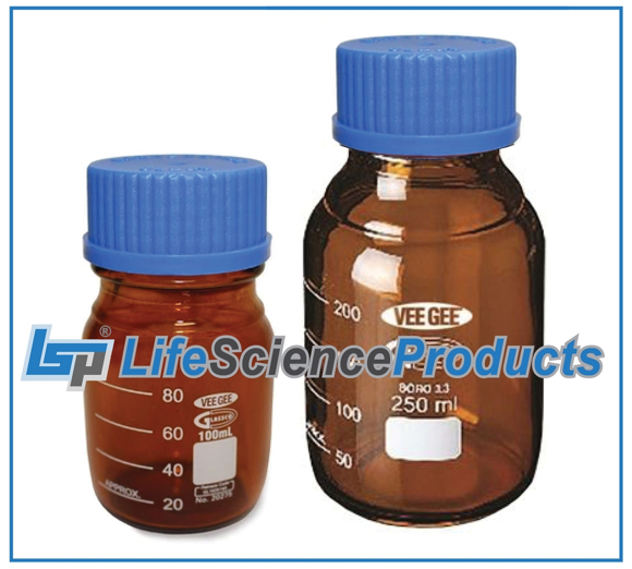 Picture of Amber Glass Media Bottles with Blue Color GL45 ScrewCaps