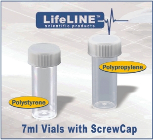 Picture of Non-Sterile, 7ml Polypropylene Specimen / Transport·Vials, 17 x 50mm Non-graduated with attached ScrewCap (22mm), CE, Non-Cytotoxic, 700/case