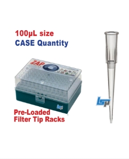 Picture of Sterile, ZAP™ SLIK 100µL size, Low Retention Aerosol Filtered Pipet-Tips, 100 racks of 96 tips  (9,600 tips/case)