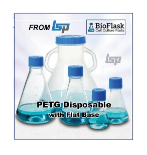 Picture of 125ml Disposable Erlenmeyer Shaker Flask, PETG, Flat Base, with Vented ScrewCaps, Sterile Individually Wrapped, 24/case