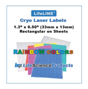 Picture of LSP's LifeLINE™ - RAINBOW Assorted 5-Color - Cryo·Laser Lábels on Sheets, 1.3"(1.28) x 0.50" (33mm x 13mm) Rectangular, 85/sheet, (425 labels/color), 25 sheets, 2,175/pack