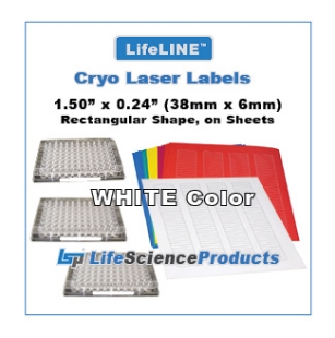 Picture of LSP's LifeLINE™ - WHITE Color - Cryo·Laser Microplate Sidewall Lábels, 1.50" x 0.24" (38mm x 6mm) Rectangular, 156/sheet, 20 sheets, 3,120/pack