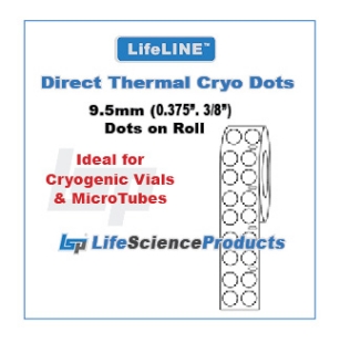 Picture of LifeLINE™ Brand, White 9.5mm circular Dots (0.375", 3/8") Diréct Thermal Cryo·Dot Lábels on Roll, 1" core, 4000/roll