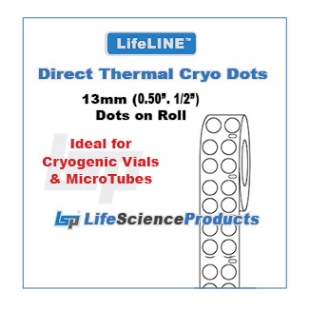 Picture of LifeLINE™ Brand, White 13mm circular Dots (0.50", 1/2") Diréct Thermal Cryo·Dot Lábels on Roll, 1" core, 4000/roll