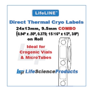 Picture of LifeLINE™ Brand, COMBO - White 24x13mm & 9.5mm (0.94"x0.50"& 0.375"; 15/16"x1/2" & 3/8") Diréct Thermal Cryo·Dots Lábels on Roll, 1" core, 500 sets/roll