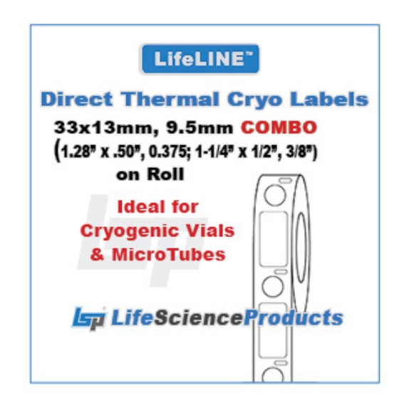 Picture of LifeLINE™ Brand, COMBO - White 33x13mm & 9.5mm (1.28"x0.50"& 0.375"; 1-1/4"x1/2" & 3/8") Diréct Thermal Cryo·Dots Lábels on Roll, 1" core, 500 sets/roll