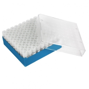 Picture of 2mL 2D·Barcoded Cryo·vials, with External Thread ScrewCap, Sterile - Pre-Racked in 81-place Blue Storage·Boxes, 10/case (810 tubes)