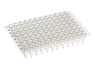 Picture of Perƒorm™ 96-well PCR Plαtes - Cuttable 0.2mL per well, Non-Skirted, Natural Color, Universal Standard Plαtes Notch Cut A12, 10/pack, 10 packs/case, 100/case