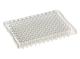 Picture of Perƒorm™ 96-well PCR Plαtes - Standard 0.2mL per well, Semi-Skirted Contoured, Flat-Top, Natural Color, ABI® Type Plαtes, Notch A12, 10 plates/pack