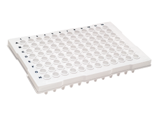 Picture of Perƒorm™ 96-well PCR Plαtes - Standard 0.2mL per well, Semi-Skirted Contoured, Flat Top, White Color, ABI® Type Plαtes Notch A12, 10/pack, 10 packs/case, 100/case