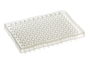 Picture of MOST POPULAR - 96 well PCR plates, (ABI Type) Raised Rim Semi-Skirt 0.2ml per well, Natural, A12 cut, 10 plates/pack