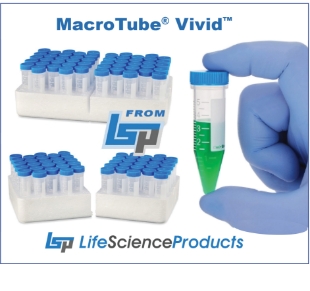 Picture of Sterile, 5mL MacroTube Vivid™ w/ attached screw caps, White Vivid Graduations & Writing Surface, Snap-Apart foam racks, 2x25/rack, 500/pack