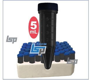 Picture of Sterile Five-O™ 5mL tubes w/ attached screw caps in foam racks, opaque black 10 racks of 50, 500/pack