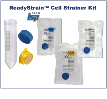 Picture of Sterile, ReadyStrαin™ Cell strαining kit w/ strαainer, 50mL tube and screw-cap, 40µm, Blue, Individually Wrapped, 50/pk