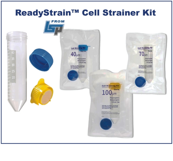 Picture of Sterile, ReadyStrαin Cell strαining kit w/ strαiner, 50mL tube and screw-cap, 100µm, Yellow, Individually Wrapped, 50/pk