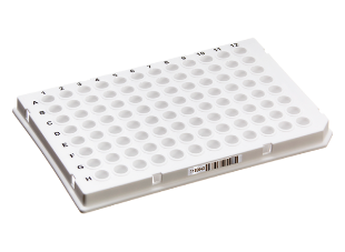 Picture of 96-well PCR Plαtes with Barcodes (Lightcycler® Type), Low-Profile 0.1mL per well, Semi-Skirted/Straight, White Color, Notch H12, 10/pack, 10 pack/case, 100/case