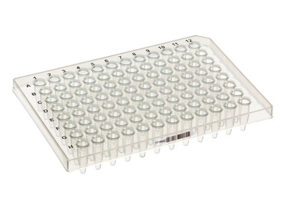 Picture of Perƒorm™ 96-well PCR Plαtes with Barcodes - Standard 0.2mL per well, Semi-Skirted Straight-Sided, Natural Color, ABI® Type Plαtes Notch A12, 10/pack, 10 packs/case, 100/case