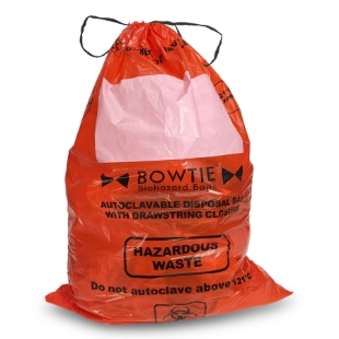 Picture of BowTie Biohazard Autoclavable Bags with drawstring, 12-16 gallon capacity, (45-60 liters), 25" x 35" (64 x 89cm), 100/case