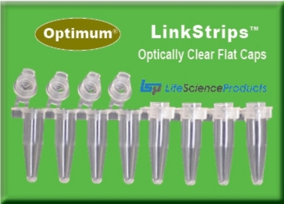 Picture of Optimum® LinkStrips™, Low Profile 0.1ml and 0.2ml 8-Tube PCR Strip Tubes with individually attached piercable optically clear Flat Caps