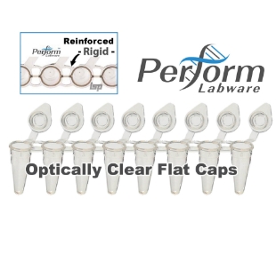 Picture of 8-Strip PCR tubes, Low-Profile 0.1ml Reinforced (Rigid NoFlex) Clear/Natural PCR 8-Tube Strips w/ Individual Optically Clear Flat Caps, 120 strips/pack