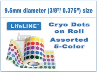 Picture of ASSORTED 5-Color, 9.5mm (3/8"/0.375") Cryo·Dots Circular Lαbels on Roll, 5000/roll