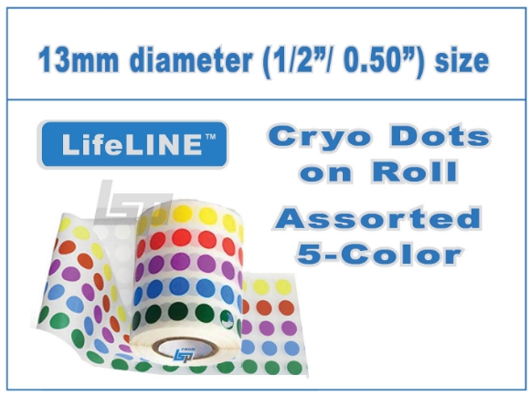 Picture of ASSORTED 5-Color, 13mm (1/2"/0.50") Cryo·Dots Circular Lαbels on Roll, 5000/roll