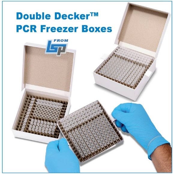 Picture of 196 wells x 2 decks (392 wells/box) PCR Double Decker Freezer Cardboard Boxes with Hinged Lids, for Tubes, Strips, and Plates, 5 boxes/pack