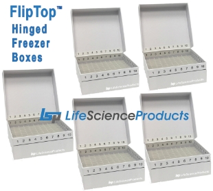 Picture of FlipTóp™ Hinged Cardboard Freezér Boxés, 2-inch, 81-well, White Color, 5/pack