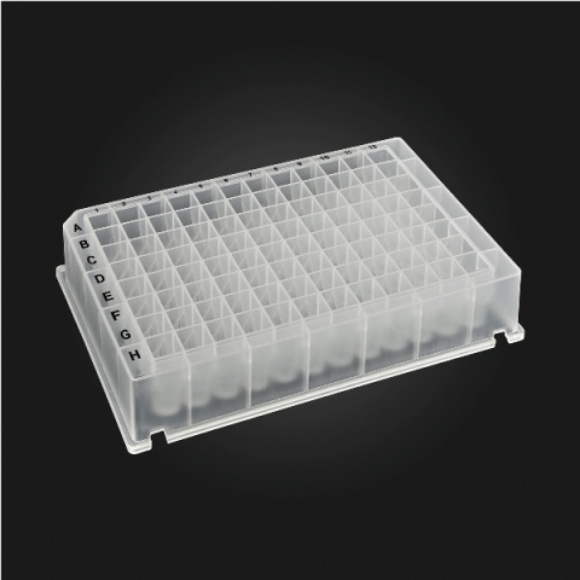 Picture of 96-well OptiWell™ STERILE Deep Well Plate, 96 Square Well, 1.0mL, 24.4mm height, V-bottom, for KingFisher™ and Accuris IsoPURE™, Black Alphanumeric Printing, PP, Sterile, 10 bags of 10 pieces, 100 / CS