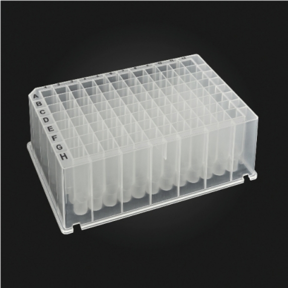 Picture of 96-well OptiWell™ STERILE Deep Well Plate, 96 Round Well, 1.2mL, 31.5mm height, U-bottom (Round), for Nunc™, Black Alphanumeric Printing, PP, Sterile, 10 bags of 5 pieces, 50 / CS