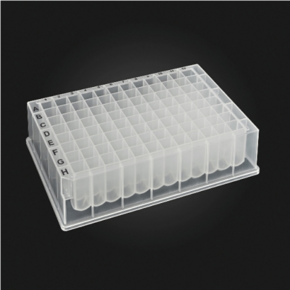 Picture of 96-well OptiWell™ STERILE Deep Well Plate, 96 Square Well, 1.6mL, 31.6mm height, V-bottom, Black Alphanumeric Printing, PP, Sterile 10 bags of 5 pieces, 50 / CS