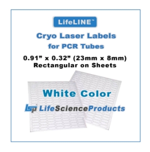 Picture of LSP's LifeLINE™ - WHITE Color - Cryo·Laser Tiny Lábels on Sheets for PCR Tubes, 0.92" x 0.32" (23mm x 8mm) Rectangular, 119/sheet, 20 sheets, 2380/pack