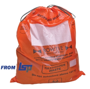 Picture of BowTie Biohazard Autoclavable Bags with drawstring, 2.25mil HDPE, 30 gallon capacity, (113 liters), 33" x 41" (84 x 104cm), large marking area and sterilization indicator, 100 bags/case