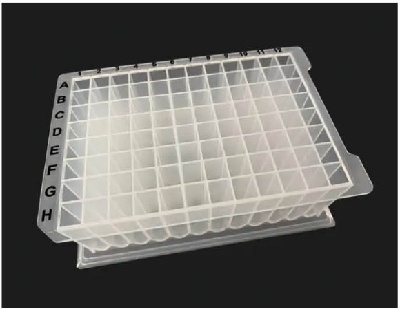 Picture of 96-well OptiWell™ Deep Well Plate, 96 Square Well, 2.2mL, 41.6mm height, U-Bottom (Round), H-Style, Black Alphanumeric Printing, PP, 10 bags of 5 pieces, 50 / CS