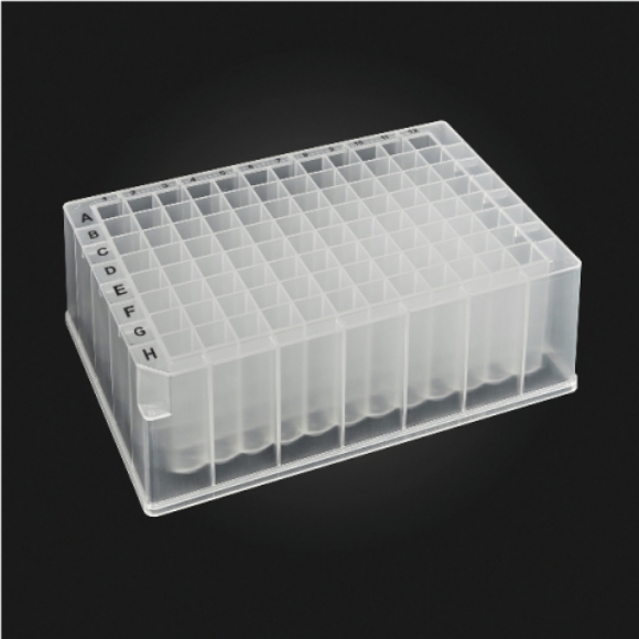 Picture of 96-well OptiWell™ STERILE Deep Well Plate, 96 Square Well, 2.3mL, 41.7mm height, V-Bottom, Standard, Black Alphanumeric Printing, PP, Sterile 10 bags of 5 pieces, 50 / CS