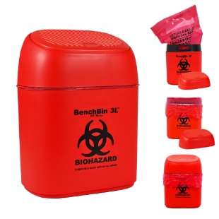 Picture of BenchBin 3L™ Starter Kit, includes BenchBin 3L™ and 400 red 10 x 12.5" autoclave/ biohazard bags