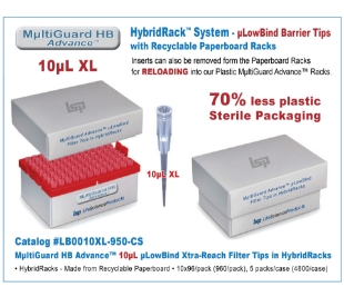 Picture of MultiGuard HB Advance 10uL uLowbind Filter Barrier Tips in Sterile HybridRacks, 10x96/pk (960), 5 packs/case (4800/case)